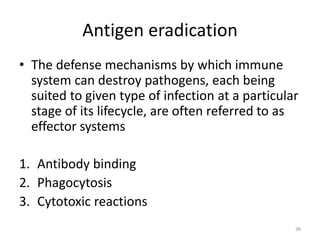 Antigen eradication
• The defense mechanisms by which immune
system can destroy pathogens, each being
suited to given type of infection at a particular
stage of its lifecycle, are often referred to as
effector systems
1. Antibody binding
2. Phagocytosis
3. Cytotoxic reactions
36
 