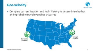 17Protecting the Keys to the Kingdom
Geo-velocity
+ Comparecurrentlocation and login history to determinewhether
an improbabletraveleventhas occurred
 