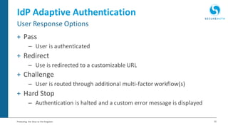 32Protecting the Keys to the Kingdom
IdP Adaptive Authentication
+ Pass
– User is authenticated
+ Redirect
– Use is redirected to a customizable URL
+ Challenge
– User is routed through additional multi-factor workflow(s)
+ Hard Stop
– Authentication is halted and a custom error message is displayed
User Response Options
 