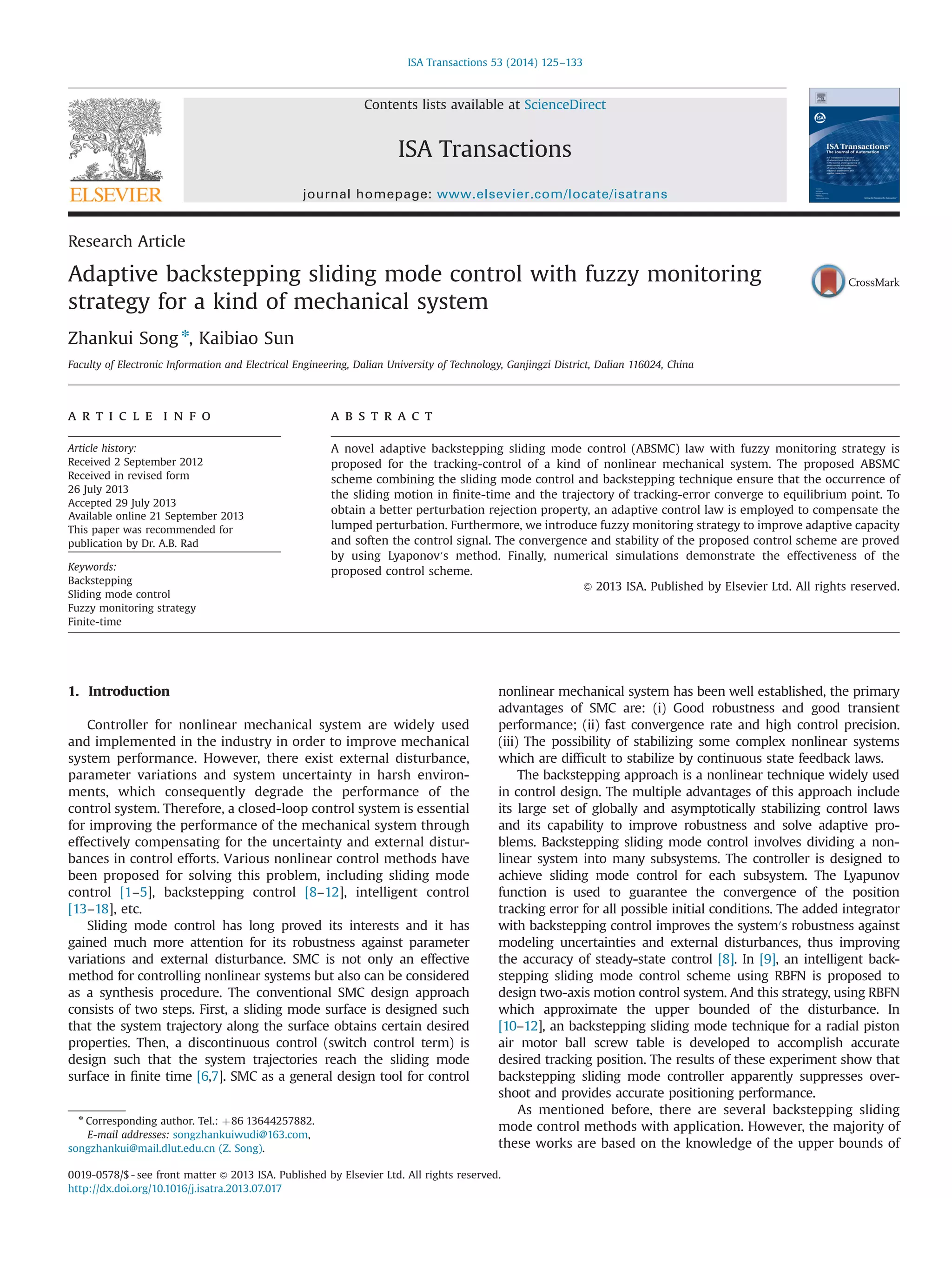 Adaptive backstepping sliding mode control with fuzzy monitoring ...
