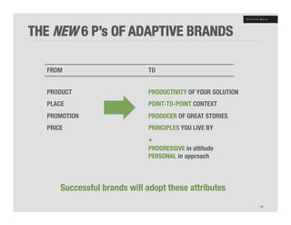 THE NEW 6 P’s OF ADAPTIVE BRANDS

  FROM
                       TO
  
                           
  
                           
  PRODUCT!                    PRODUCTIVITY OF YOUR SOLUTION
  PLACE!                      POINT-TO-POINT CONTEXT
  PROMOTION!                  PRODUCER OF GREAT STORIES
  PRICE
                      PRINCIPLES YOU LIVE BY
                              +
                              PROGRESSIVE in attitude 
                              PERSONAL in approach
                              


      Successful brands will adopt these attributes
                                                               18
 