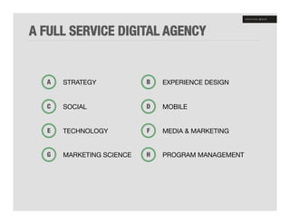 A FULL SERVICE DIGITAL AGENCY


   A
   STRATEGY
            B
   EXPERIENCE DESIGN


   C
   SOCIAL
              D
   MOBILE


   E
   TECHNOLOGY
          F
   MEDIA & MARKETING


   G
   MARKETING SCIENCE
   H
   PROGRAM MANAGEMENT
 