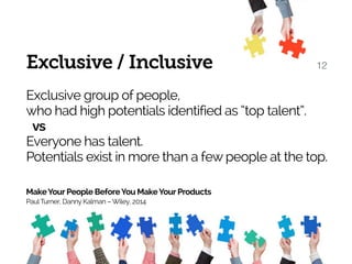 12Exclusive / Inclusive
Exclusive group of people, 
who had high potentials identified as “top talent”.
vs
Everyone has talent.  
Potentials exist in more than a few people at the top.
MakeYour People BeforeYou MakeYour Products 
PaulTurner, Danny Kalman – Wiley, 2014
 