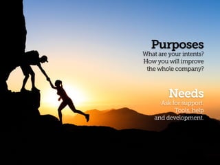 Purposes
What are your intents? 
How you will improve  
the whole company?
Needs
Ask for support.  
Tools, help 
and development.
 