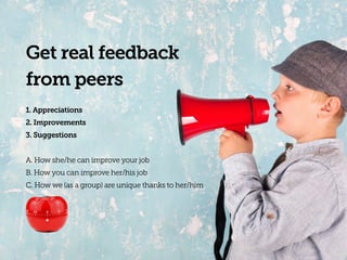 Get real feedback
from peers
1. Appreciations
2. Improvements
3. Suggestions
A. How she/he can improve your job
B. How you can improve her/his job
C. How we (as a group) are unique thanks to her/him
 