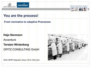 You are the process!
From normative to adaptive Processes




Hajo Normann
Accenture
Torsten Winterberg
OPITZ CONSULTING GmbH


SOA | BPM Integration Days | 2012, München

                           „You are the process! From normative to adaptive Processes” – SOA | BPM Integration Days | 2012   Seite 1
 