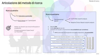 Ricerca quantitativa
Metodo di ricerca
Ricerca qualitativa
Articolazione del metodo di ricerca
5/14
Un focus group con 7 partecipanti
Due interviste in profondità
- Attributi più rilevanti e più ricercati nell’acquisto di
arredamento
- Principali associazioni al “paese Svezia”
e al “brand IKEA”
Due questionari
distinti:
Full Profile conjoint analysis
Adaptive Choice-Based conjoint analysis
▪ Metodo CAWI
▪ Ordine alternato dei due link
▪ Campione non casuale: campionamento non probabilistico per convenienza
Varietà di colori disponibili: disponibile in 2 colori – disponibile in 5 colori
Country of Manufacturing: prodotto in Cina – prodotto in Svezia
Country of Brand: prodotto di brand cinese – prodotto di brand svedese
Materiale: articolo in legno – articolo in truciolare
Montaggio: montaggio offerto dal rivenditore – montaggio autonomo
Prezzo: 40 € – 80 €
Ma attenzione ad omogeneità nonostante indipendenza → comparabilità
 