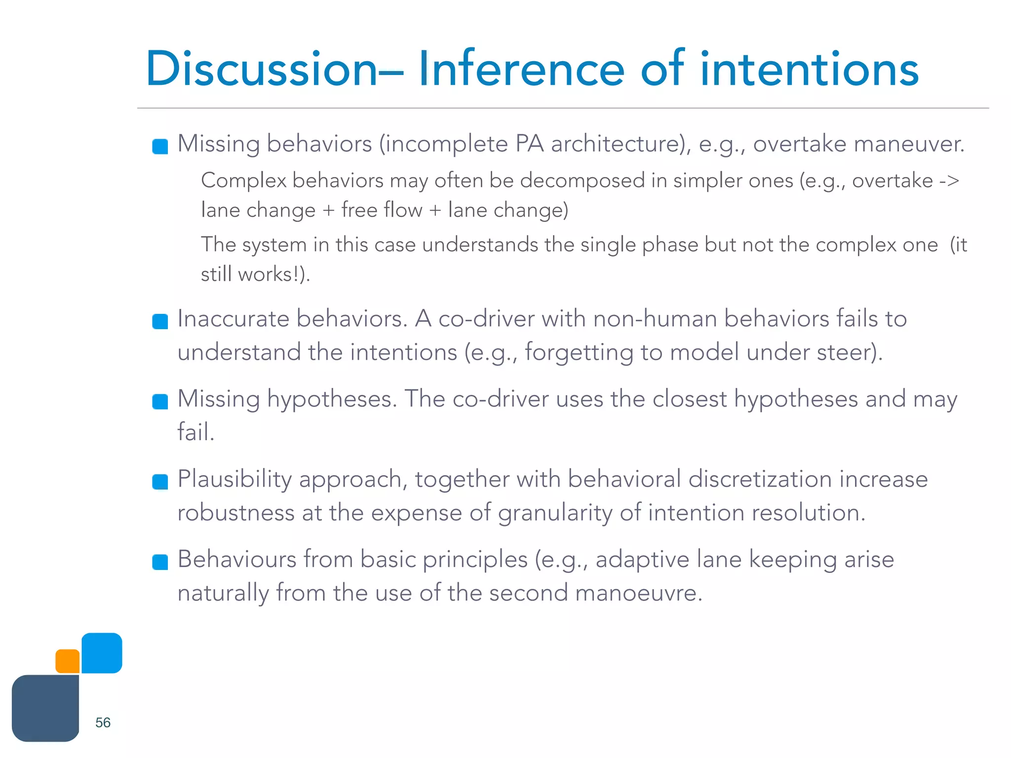 Missing behaviors (incomplete PA architecture), e.g., overtake maneuver.
Complex behaviors may often be decomposed in simpler ones (e.g., overtake ->
lane change + free flow + lane change)
The system in this case understands the single phase but not the complex one (it
still works!).
Inaccurate behaviors. A co-driver with non-human behaviors fails to
understand the intentions (e.g., forgetting to model under steer).
Missing hypotheses. The co-driver uses the closest hypotheses and may
fail.
Plausibility approach, together with behavioral discretization increase
robustness at the expense of granularity of intention resolution.
Behaviours from basic principles (e.g., adaptive lane keeping arise
naturally from the use of the second manoeuvre.
Discussion– Inference of intentions
56
 