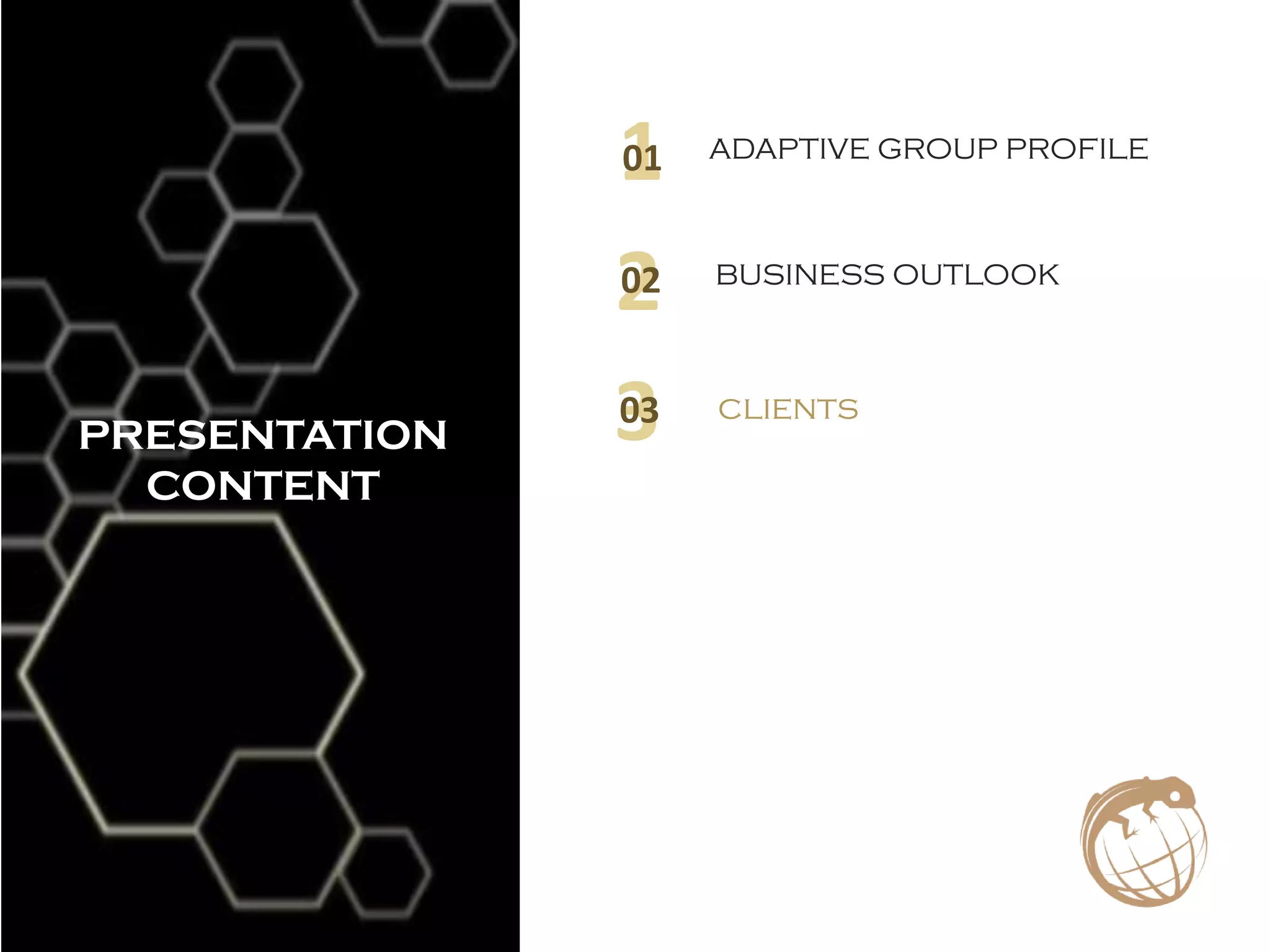 ADAPTIVE GROUP PROFILE
101
BUSINESS OUTLOOK
202
clients
303CONTENTSPRESENTATION
CONTENT
 