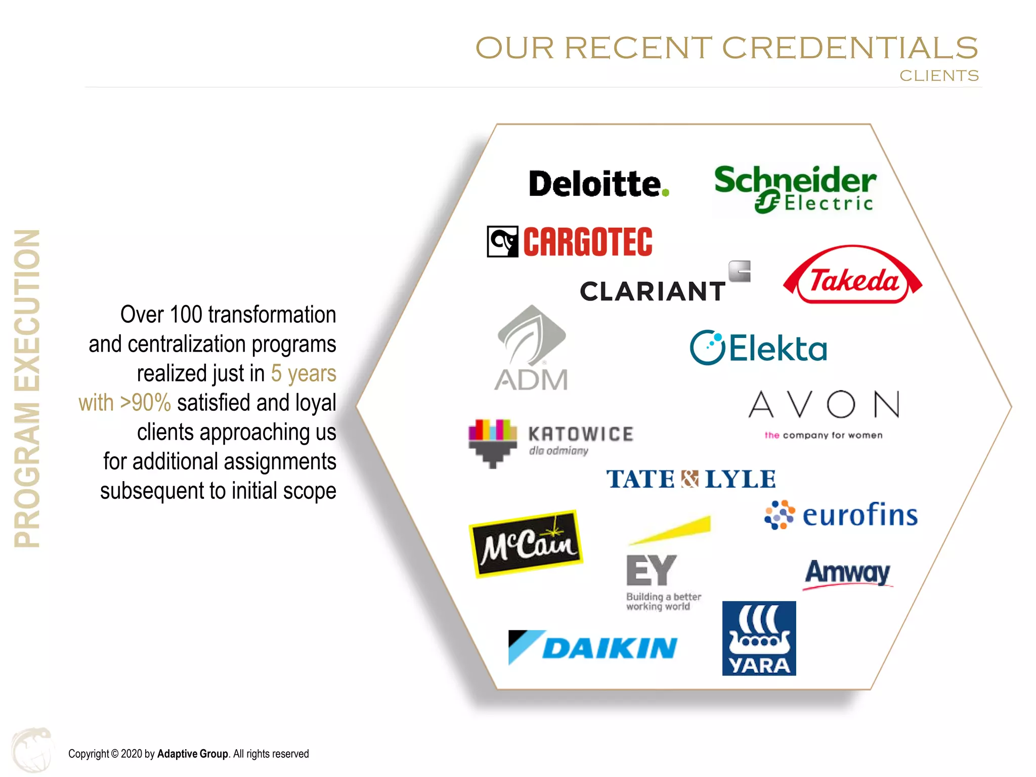 Copyright © 2020 by Adaptive Group. All rights reserved
OUR RECENT CREDENTIALS
CLIENTS
Over 100 transformation
and centralization programs
realized just in 5 years
with >90% satisfied and loyal
clients approaching us
for additional assignments
subsequent to initial scope
PROGRAMEXECUTION
 