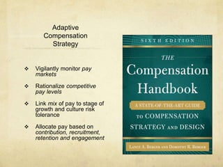 Adaptive
Compensation
Strategy
 Vigilantly monitor pay
markets
 Rationalize competitive
pay levels
 Link mix of pay to stage of
growth and culture risk
tolerance
 Allocate pay based on
contribution, recruitment,
retention and engagement
 