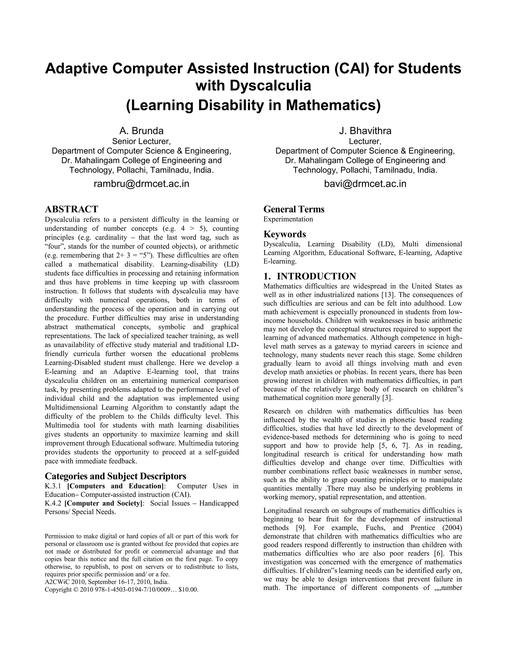Adaptive computer assisted instruction (cai) for students with ...
