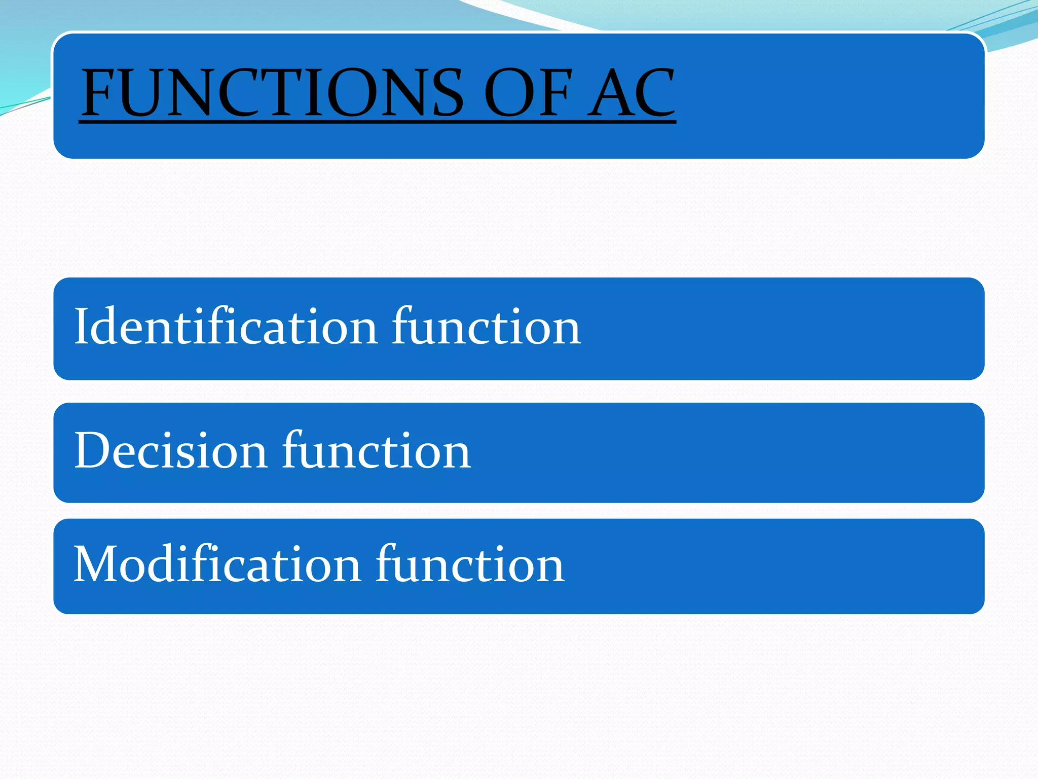 FUNCTIONS OF AC
Identification function
Decision function
Modification function
 