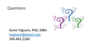 Questions
Karen Vignare, PhD, MBA
kvignare@gmail.com
240.462.2160
 