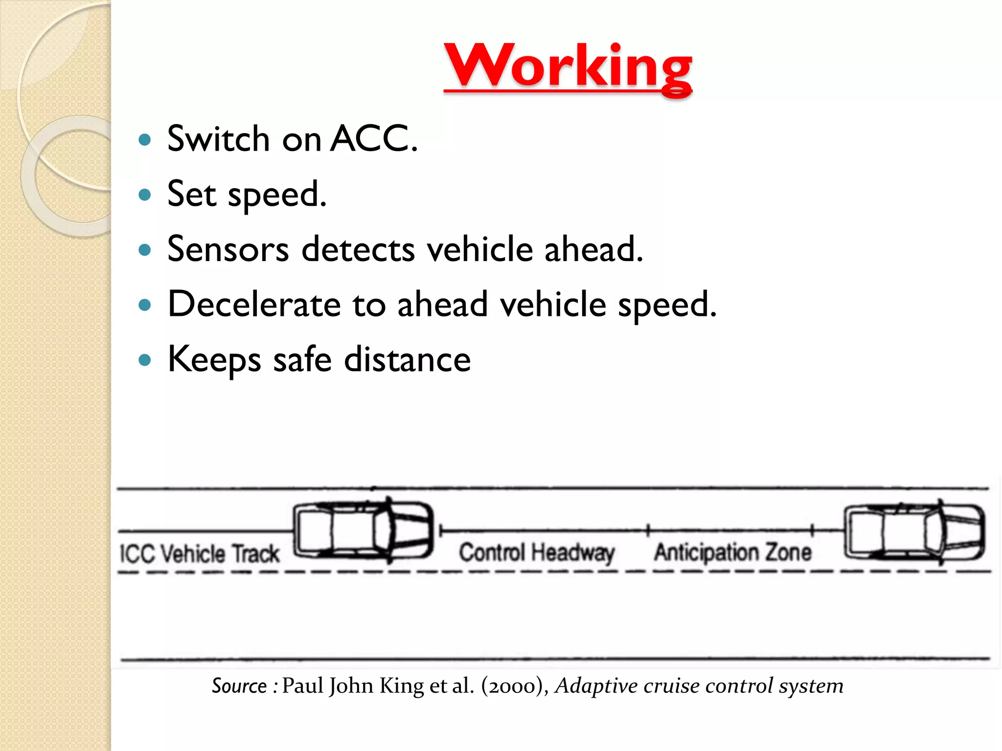 Working
 Switch on ACC.
 Set speed.
 Sensors detects vehicle ahead.
 Decelerate to ahead vehicle speed.
 Keeps safe distance
Source : Paul John King et al. (2000), Adaptive cruise control system
 