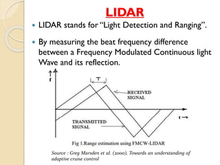 LIDAR 
 LIDAR stands for “Light Detection and Ranging”. 
 By measuring the beat frequency difference 
between a Frequency Modulated Continuous light 
Wave and its reflection. 
Source : Greg Marsden et al. (2000), Towards an understanding of 
adaptive cruise control 
 