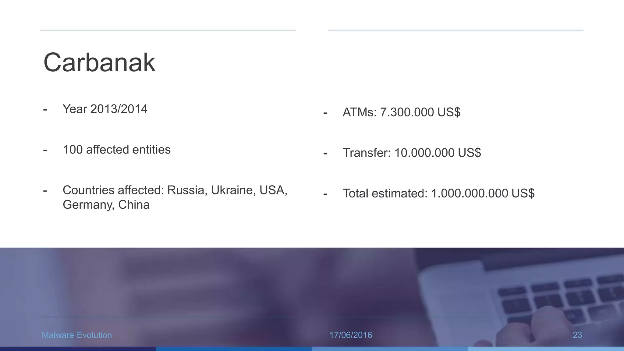17/06/2016Malware Evolution 23
Carbanak
- Year 2013/2014
- 100 affected entities
- Countries affected: Russia, Ukraine, USA,
Germany, China
- ATMs: 7.300.000 US$
- Transfer: 10.000.000 US$
- Total estimated: 1.000.000.000 US$
 