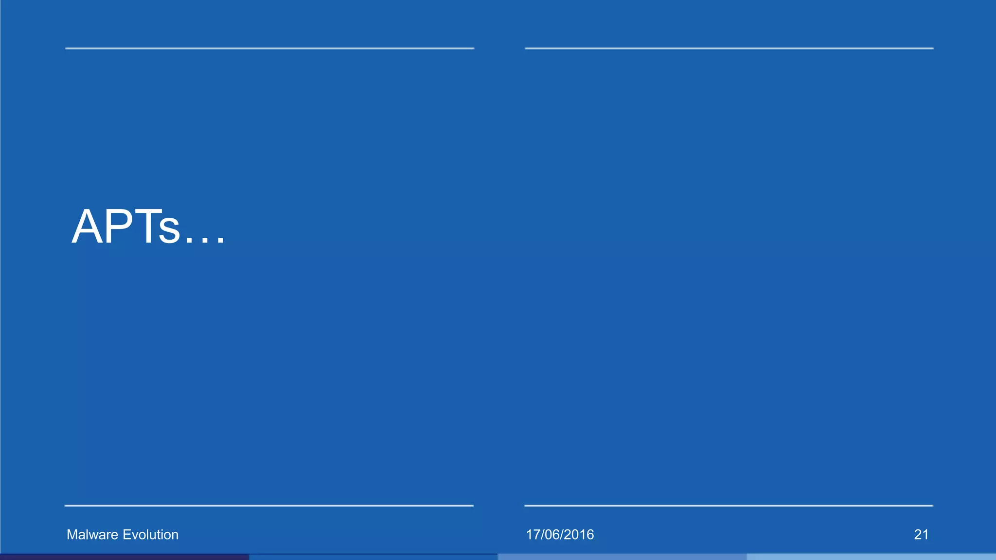 APTs…
17/06/2016Malware Evolution 21
 
