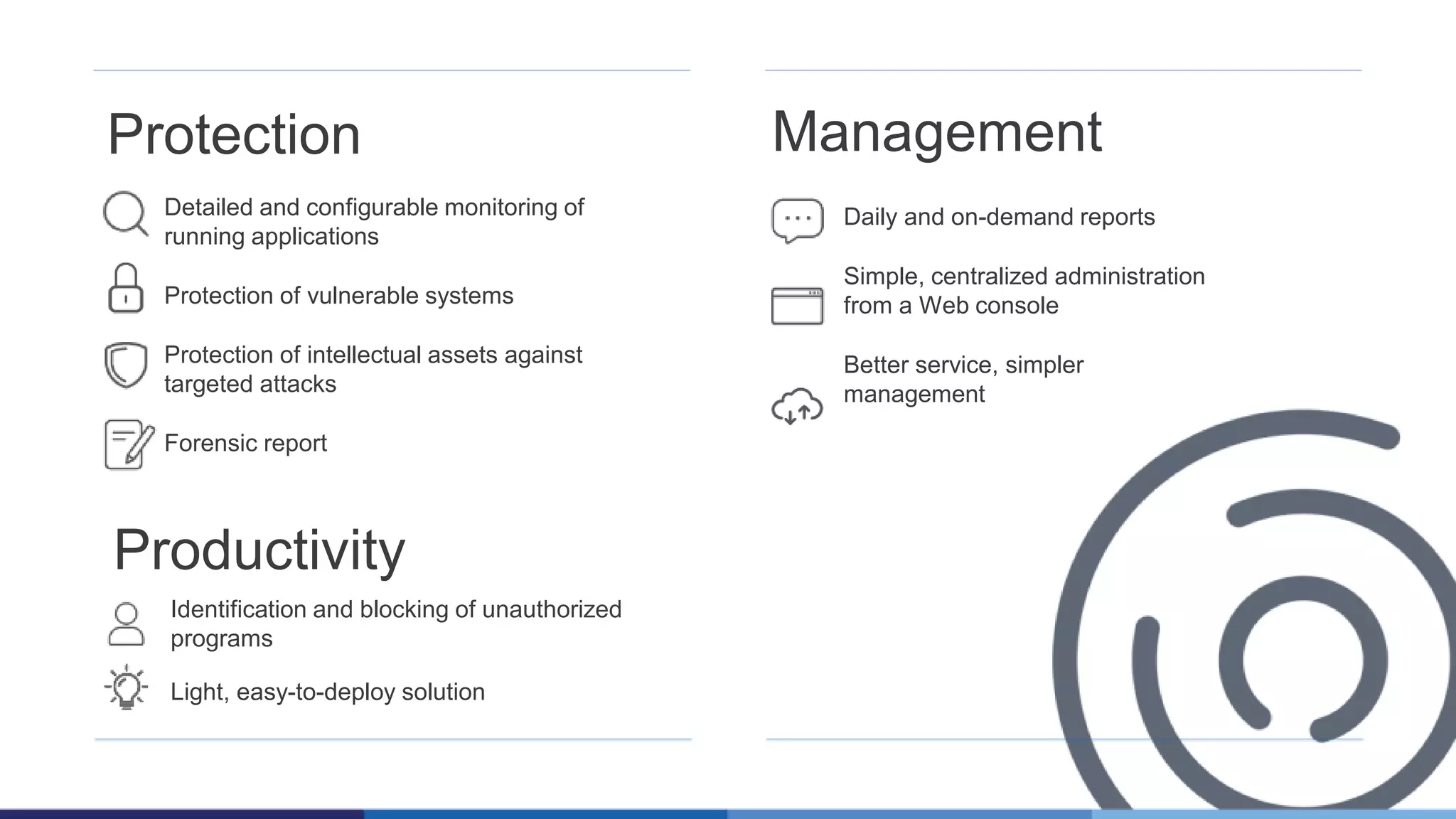 Daily and on-demand reports
Simple, centralized administration
from a Web console
Better service, simpler
management
Detailed and configurable monitoring of
running applications
Protection of vulnerable systems
Protection of intellectual assets against
targeted attacks
Forensic report
Protection
Productivity
Identification and blocking of unauthorized
programs
Light, easy-to-deploy solution
Management
 