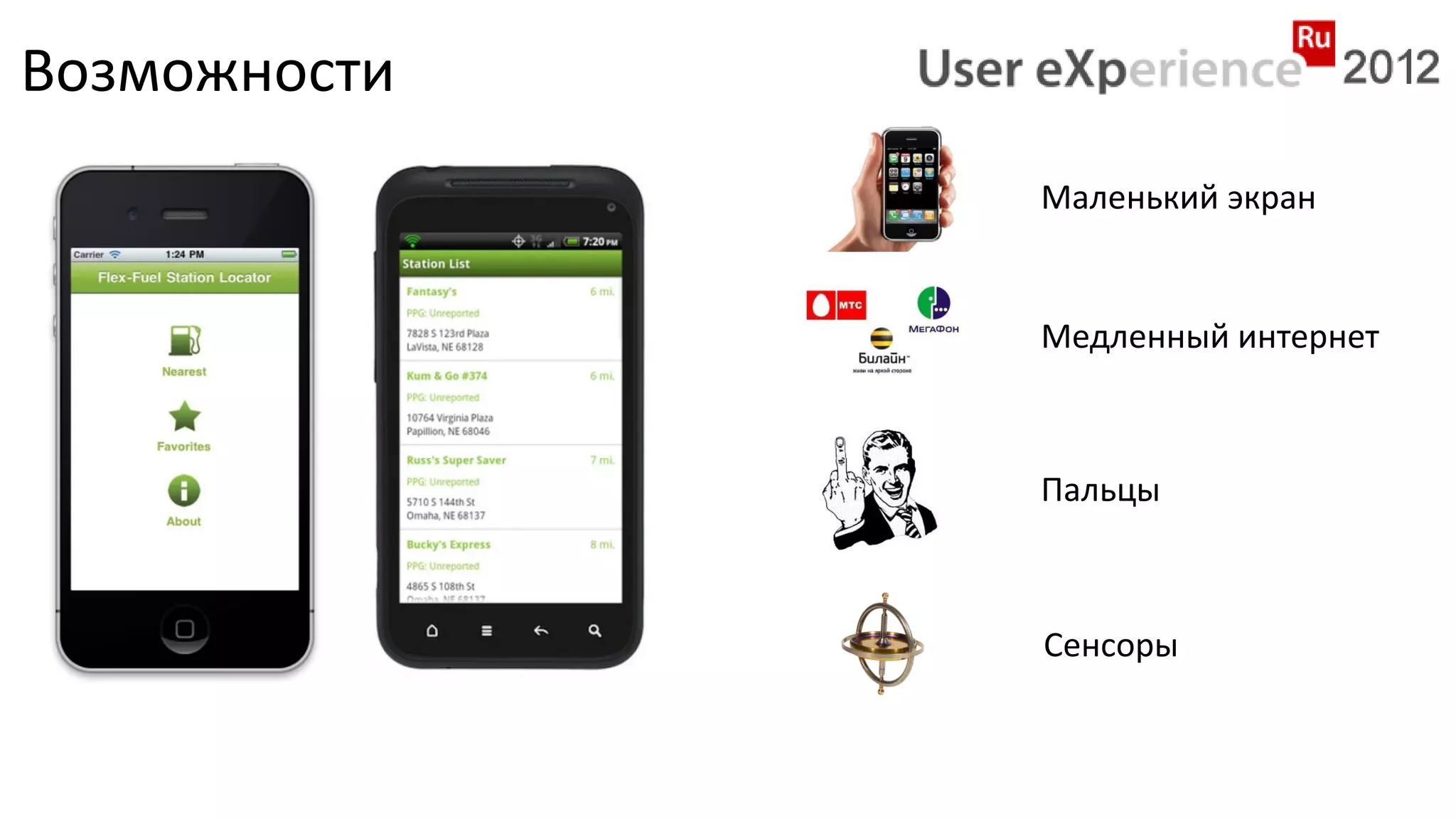 Возможности
              Маленький экран


              Медленный интернет



              Пальцы



              Сенсоры
 