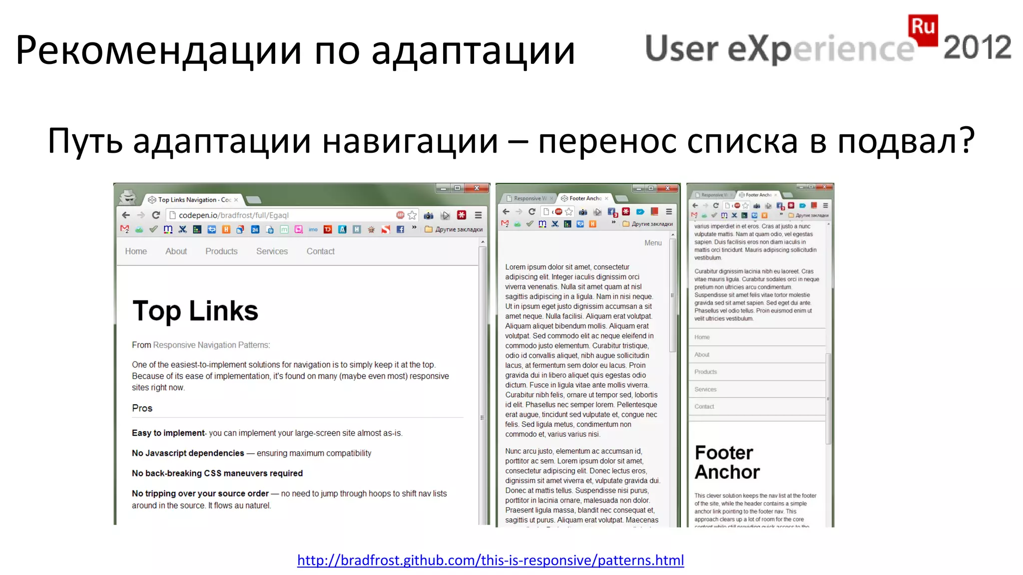 Рекомендации по адаптации
 Путь адаптации навигации – перенос списка в подвал?




              http://bradfrost.github.com/this-is-responsive/patterns.html
 