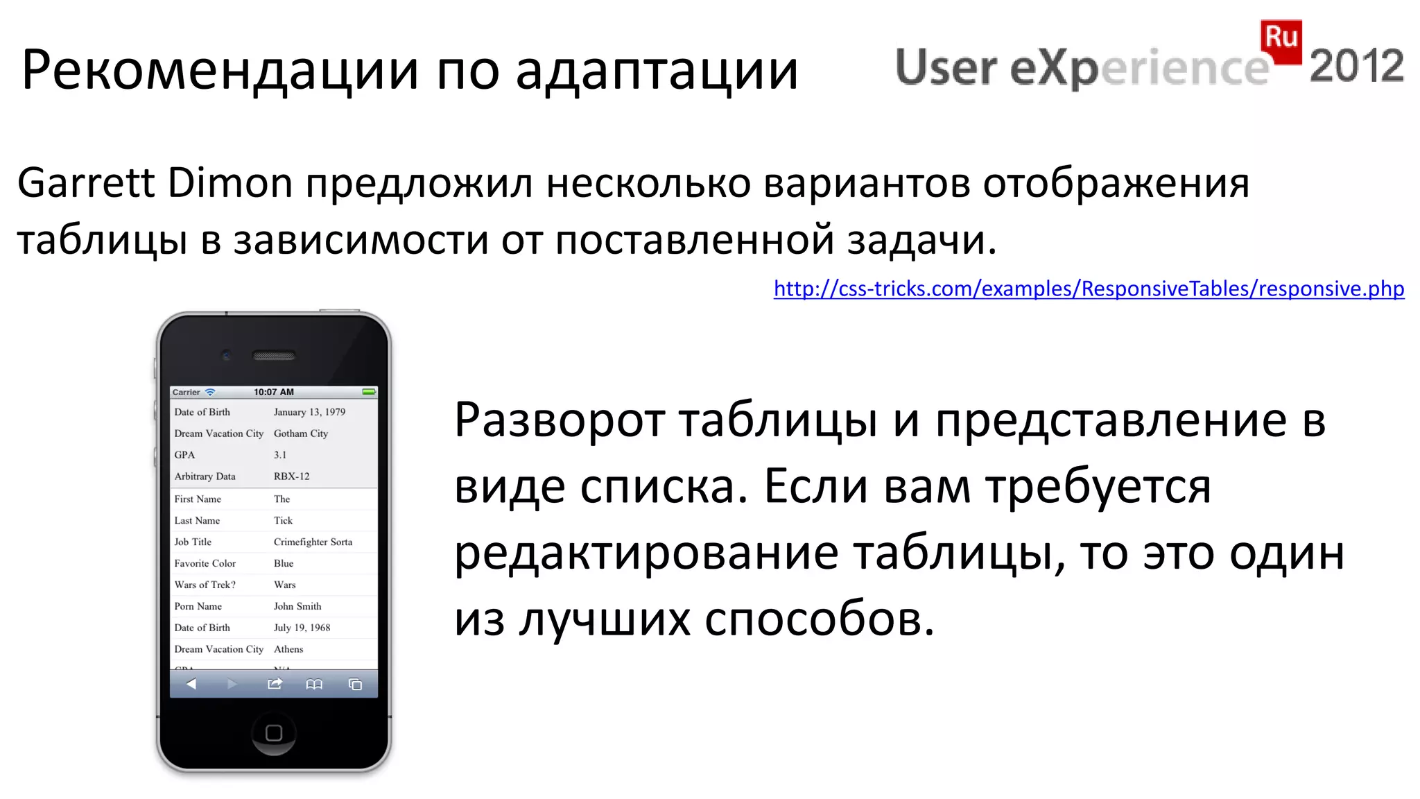 Рекомендации по адаптации
Garrett Dimon предложил несколько вариантов отображения
таблицы в зависимости от поставленной задачи.
                                 http://css-tricks.com/examples/ResponsiveTables/responsive.php




                   Разворот таблицы и представление в
                   виде списка. Если вам требуется
                   редактирование таблицы, то это один
                   из лучших способов.
 