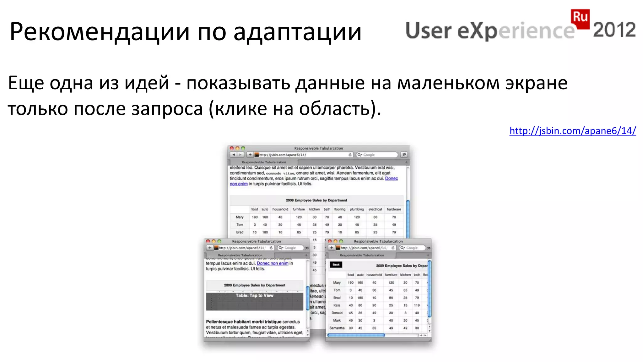Рекомендации по адаптации
Еще одна из идей - показывать данные на маленьком экране
только после запроса (клике на область).
                                                  http://jsbin.com/apane6/14/
 