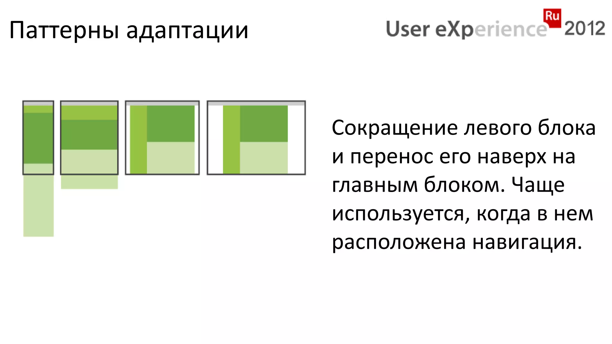 Паттерны адаптации


                     Сокращение левого блока
                     и перенос его наверх на
                     главным блоком. Чаще
                     используется, когда в нем
                     расположена навигация.
 