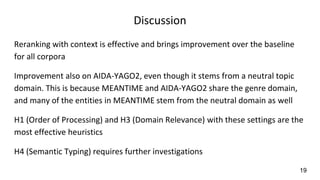 Discussion
Reranking with context is effective and brings improvement over the baseline
for all corpora
Improvement also on AIDA-YAGO2, even though it stems from a neutral topic
domain. This is because MEANTIME and AIDA-YAGO2 share the genre domain,
and many of the entities in MEANTIME stem from the neutral domain as well
H1 (Order of Processing) and H3 (Domain Relevance) with these settings are the
most effective heuristics
H4 (Semantic Typing) requires further investigations
19
 
