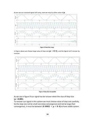 14
As we see our received signal still noisy, next we may try other value of 𝝁
In Figure above we choose large value of step-size ( 𝝁 = 𝟎. 𝟒), and the Signal can’t recover by
receiver.
As we see in figure.9 our signal has be recover when the vlue of Step-Size
(𝝁 =0.005).
To recover our signal in this system we must choose value of step-size carefully,
So the step-size not be small size (slow convergence) and not be large (fast
convergence), it must be between (𝟎. 𝟎𝟎𝟎𝟐 < 𝝁 < 𝟎. 𝟒) to have stable system.
Figure 8 Step-Size Large
Figure 9 Step-Size Acceptable
 