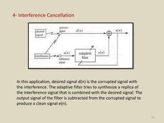 15
4- Interference Cancellation
In this application, desired signal d(n) is the corrupted signal with
the interference. The adaptive filter tries to synthesize a replica of
the interference signal that is combined with the desired signal. The
output signal of the filter is subtracted from the corrupted signal to
produce a clean signal e(n).
 