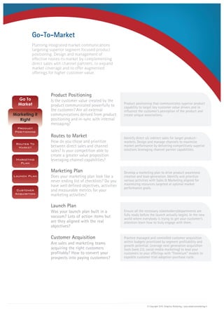 Product positioning that communicates superior product
capability to target key customer value drivers and to
influence the customer's perception of the product and
create unique associations.
Identify direct v/s indirect sales for target product-
markets. Design and manage channels to maximize
market performance by delivering competitively superior
solutions leveraging channel partner capabilities.
Develop a marketing plan to drive product awareness
creation and lead-generation. Identify and prioritize
various activities with Sales & Marketing aligned for
maximizing resources targeted at optimal market
performance goals.
Ensure all the necessary stakeholders/departments are
fully ready before the launch actually begins. In the new
world where everybody is trying to get your customer's
attention learn how to truly engage with them.
Practice managed and controlled customer acquisition
within budgets prioritized by segment profitability and
growth potential. Leverage next generation acquisition
tools (web 2.0, social media marketing) to lead your
customers to your offerings with “freemium” models to
expedite customer trial-adoption-purchase cycle.
Planning integrated market communications
targeting superior segment focused product
positioning. Design and management of
effective routes-to-market by complementing
direct sales with channel partners, to expand
market coverage and to offer augmented
offerings for higher customer value.
Product Positioning
Routes to Market
Marketing Plan
Launch Plan
Customer Acquisition
Is the customer value created by the
product communicated powerfully to
the customer? Are all external
communications derived from product
positioning and in-sync with internal
messaging?
How do you chose and prioritize
between direct sales and channel
sales? Is your competition able to
create a greater value proposition
leveraging channel capabilities?
Does your marketing plan look like a
never ending list of checklists? Do you
have well defined objectives, activities
and measurable metrics for your
marketing activities?
Was your launch plan built in a
vacuum? Lots of action items but
are they aligned with the real
objectives?
Are sales and marketing teams
acquiring the right customers
profitably? How to convert your
prospects into paying customers?
Go-To-Market
© Copyright 2010, Adaptive Marketing | www.adaptivemarketing.in
 