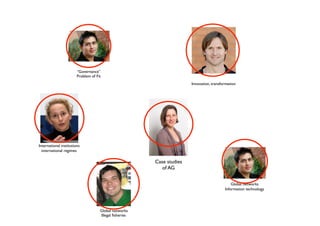 “Governance”
Problem of Fit
International institutions
international regimes
Global networks
Illegal ﬁsheries
Global networks
Information technology
Innovation, transformation
Case studies
of AG
 