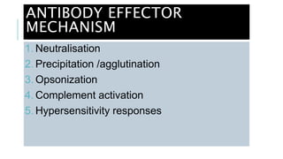 ANTIBODY EFFECTOR
MECHANISM
1. Neutralisation
2. Precipitation /agglutination
3. Opsonization
4. Complement activation
5. Hypersensitivity responses
 
