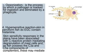 3. Opsonization- is the process
by which a pathogen is marked
for ingestion and eliminated by a
phagocyte.
4. Hypersensitive reaction-skin in
perciform fish do EGC contain
histamine.
Skin sensitivity responses in the
plaice have been associated
with C-reactive protein mediating
degranulation of mast cells and,
as fish possess the C3a and
C5a components of
complement, these may mediate
 