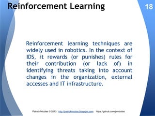 Overview Genetic Algorithm
The rules set is constantly updated by the
Genetic Algorithm to guarantee that it
identifies intrusion correctly.
Initial rules set

Encoding

Initial chromosomes

Fitness

Selection
Cross-over
Mutation

New rules set

Decoding

New chromosomes

Patrick Nicolas © 2013 http://patricknicolas.blogspot.com

https://github.com/prnicolas

18

 