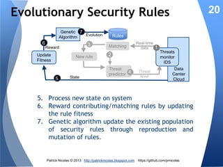 Reinforcement Learning

Reinforcement learning techniques are
widely used in robotics. In the context of
IDS, it rewards (or punishes) rules for
their contribution (or lack of) in
identifying threats taking into account
changes in the organization, external
accesses and IT infrastructure.

Patrick Nicolas © 2013 http://patricknicolas.blogspot.com

https://github.com/prnicolas

20

 