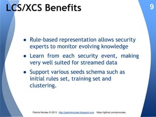 An evolutionary approach

9

1. An intrusion detection solution should learn
from its suggestions through a process
borrowed from human behavior: rewardbased learning
1. It should evolve with the
monitors: Darwinian process

Patrick Nicolas © 2013 http://patricknicolas.blogspot.com

system

https://github.com/prnicolas

it

 