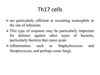 Th17 cells
 are particularly efficient at recruiting neutrophils to
the site of infection;
 This type of response may be particularly important
for defence against other types of bacteria,
particularly bacteria that cause acute
 inflammation such as Staphylococcus and
Streptococcus, and perhaps some fungi.
 