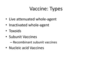 Vaccine: Types
• Live attenuated whole-agent
• Inactivated whole-agent
• Toxoids
• Subunit Vaccines
– Recombinant subunit vaccines
• Nucleic acid Vaccines
 