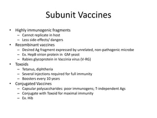 Subunit Vaccines
• Highly immunogenic fragments
– Cannot replicate in host
– Less side-effects/ dangers
• Recombinant vaccines
– Desired Ag fragment expressed by unrelated, non-pathogenic microbe
– Ex. HepB virion protein in GM yeast
– Rabies glycoprotein in Vaccinia virus (V-RG)
• Toxoids
– Tetanus, diphtheria
– Several injections required for full immunity
– Boosters every 10 years
• Conjugated Vaccines
– Capsular polysaccharides: poor immunogens; T-independent Ags
– Conjugate with Toxoid for maximal immunity
– Ex. Hib
 
