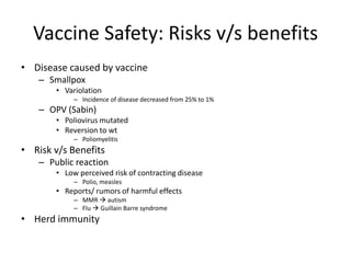 Vaccine Safety: Risks v/s benefits
• Disease caused by vaccine
– Smallpox
• Variolation
– Incidence of disease decreased from 25% to 1%
– OPV (Sabin)
• Poliovirus mutated
• Reversion to wt
– Poliomyelitis
• Risk v/s Benefits
– Public reaction
• Low perceived risk of contracting disease
– Polio, measles
• Reports/ rumors of harmful effects
– MMR  autism
– Flu  Guillain Barre syndrome
• Herd immunity
 