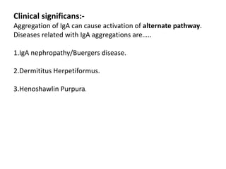 Clinical significans:-
Aggregation of IgA can cause activation of alternate pathway.
Diseases related with IgA aggregations are…..
1.IgA nephropathy/Buergers disease.
2.Dermititus Herpetiformus.
3.Henoshawlin Purpura.
 