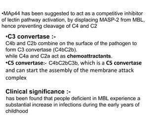 •C3 convertase :-
C4b and C2b combine on the surface of the pathogen to
form C3 convertase (C4bC2b).
while C4a and C2a act as chemoattractants.
•C5 convertase:-. C4bC2bC3b, which is a C5 convertase
and can start the assembly of the membrane attack
complex
Clinical significance :-
has been found that people deficient in MBL experience a
substantial increase in infections during the early years of
childhood.
•MAp44 has been suggested to act as a competitive inhibitor
of lectin pathway activation, by displacing MASP-2 from MBL,
hence preventing cleavage of C4 and C2
 