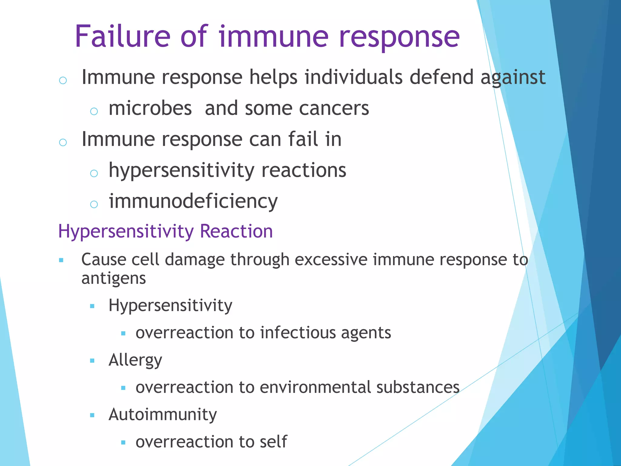 Failure of immune response
o Immune response helps individuals defend against
o microbes and some cancers
o Immune response can fail in
o hypersensitivity reactions
o immunodeficiency
Hypersensitivity Reaction
 Cause cell damage through excessive immune response to
antigens
 Hypersensitivity
 overreaction to infectious agents
 Allergy
 overreaction to environmental substances
 Autoimmunity
 overreaction to self
 