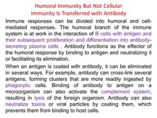 Humoral Immunity But Not Cellular
Immunity Is Transferred with Antibody
Immune responses can be divided into humoral and cell-
mediated responses. The humoral branch of the immune
system is at work in the interaction of B cells with antigen and
their subsequent proliferation and differentiation into antibody-
secreting plasma cells . Antibody functions as the effector of
the humoral response by binding to antigen and neutralizing it
or facilitating its elimination.
When an antigen is coated with antibody, it can be eliminated
in several ways. For example, antibody can cross-link several
antigens, forming clusters that are more readily ingested by
phagocytic cells. Binding of antibody to antigen on a
microorganism can also activate the complement system,
resulting in lysis of the foreign organism. Antibody can also
neutralize toxins or viral particles by coating them, which
prevents them from binding to host cells.
 