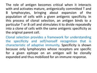 The role of antigen becomes critical when it interacts
with and activates mature, antigenically committed T and
B lymphocytes, bringing about expansion of the
population of cells with a given antigenic specificity. In
this process of clonal selection, an antigen binds to a
particular T or B cell and stimulates it to divide repeatedly
into a clone of cells with the same antigenic specificity as
the original parent cell.
Clonal selection provides a framework for understanding
the specificity and self/nonself recognition that is
characteristic of adaptive immunity. Specificity is shown
because only lymphocytes whose receptors are specific
for a given epitope on an antigen will be clonally
expanded and thus mobilized for an immune response.
 
