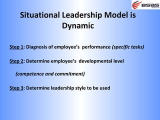 Situational Leadership Model is
                Dynamic

Step 1: Diagnosis of employee’s performance (specific tasks)

Step 2: Determine employee’s developmental level

  (competence and commitment)

Step 3: Determine leadership style to be used
 