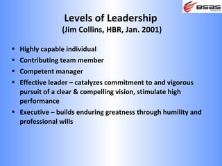 Levels of Leadership
               (Jim Collins, HBR, Jan. 2001)

• Highly capable individual
• Contributing team member
• Competent manager
• Effective leader – catalyzes commitment to and vigorous
  pursuit of a clear & compelling vision, stimulate high
  performance
• Executive – builds enduring greatness through humility and
  professional wills
 