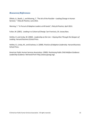 © American Public Human Services Association. All rights reserved. 13
Resources/References
Oftelie, A., Booth, J., and Wareing, T. “The Art of the Possible – Leading Change in Human
Services.” Policy & Practice, June 2012.
Wareing, T. “In Pursuit of Adaptive Leaders at All Levels”, Policy & Practice, April 2013.
Fullan, M. (2001). Leading in a Culture of Change. San Francisco, CA. Jossey-Bass.
Heifetz, R. and Linsky, M. (2002). Leadership on the Line – Staying Alive Through the Dangers of
Leading. Harvard Business School Press.
Heifetz, R., Linsky, M., and Grashow, A. (2009). Practice of Adaptive Leadership. Harvard Business
School Press.
American Public Human Services Association. (2009). Positioning Public Child Welfare Guidance:
Leadership Guidance. Retrieved from http://www.ppcwg.org/.
 